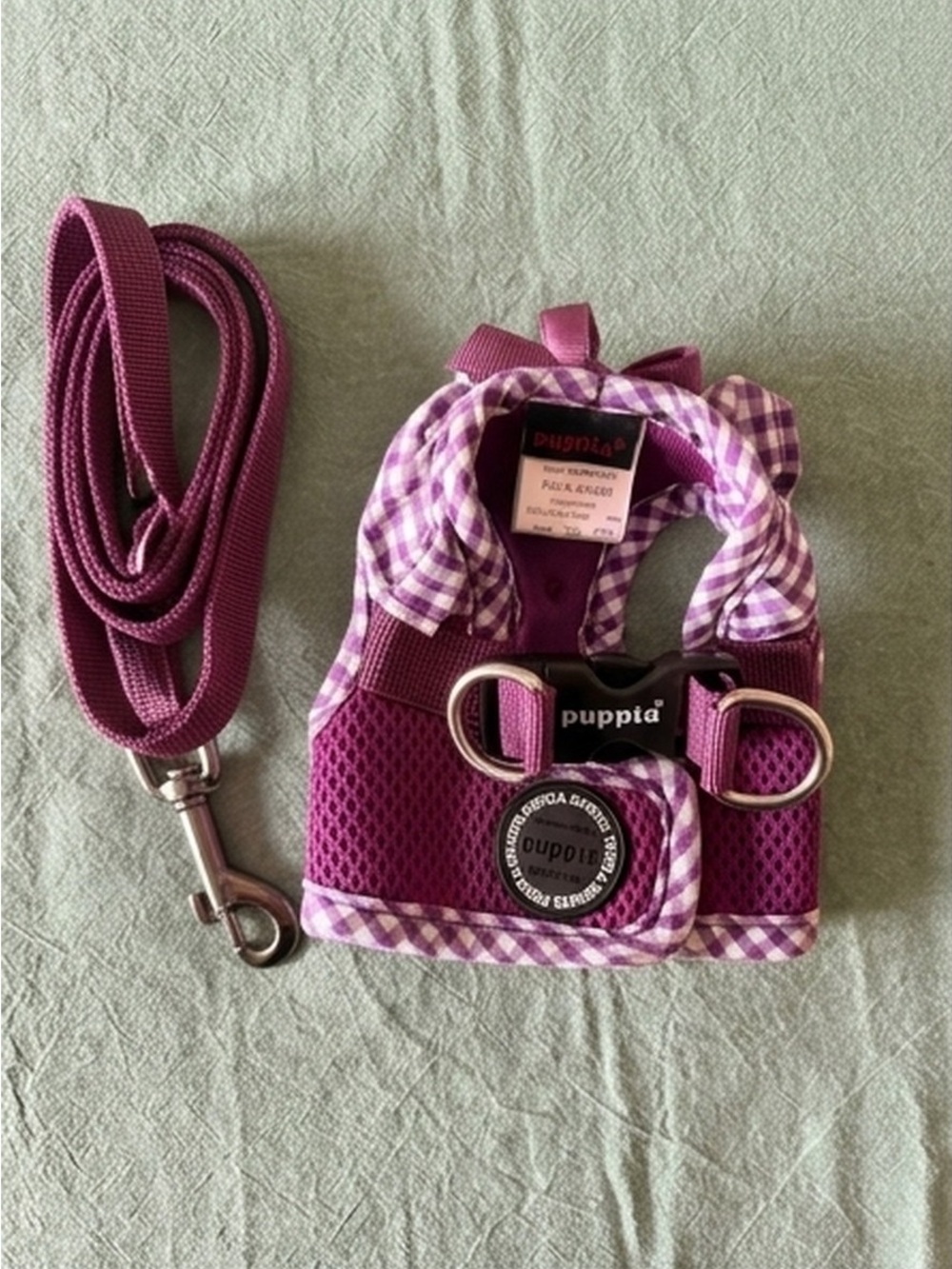 Puppia Vivien XS Purple Gingham Dog Harness & Matching Leash Set